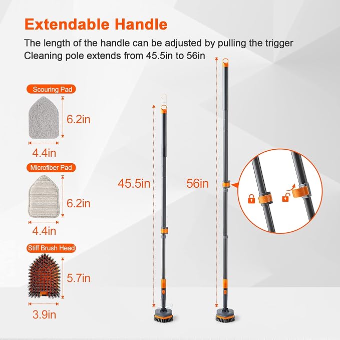 CLEANHOME Tile Tub Scrubber Brush with 3 Different Function Cleaning Heads and 56" Extendable Long Handle-No Scratch Shower Scrubber for Cleaning Bathroom Kitchen Toilet Wall,Bathtub,Sink