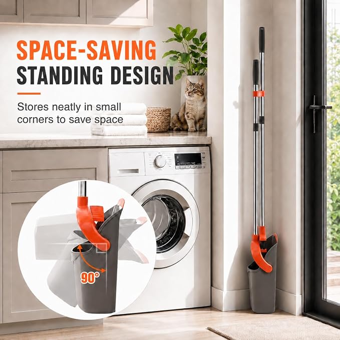 Broom and Dustpan Set, Upgraded Broom with Dustpan Combo Set with 56" Tall Adjustable Handle, Self-Cleaning Teeth, Upright Standing Dust Pan for Heavy Duty Indoor Outdoor Cleaning and Pet Hair