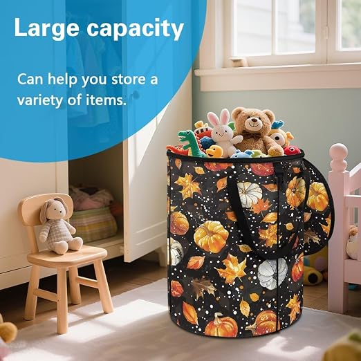 doginthehole Fall Maple Leaves Pumpkin Collapsible Trash Can Portable Tall Trash Can Recycling Bin 22.83x17.71 Outside Garbage Bin Storage Bag with Clip and Zipper Lid, Fall Decorations for Outdoor