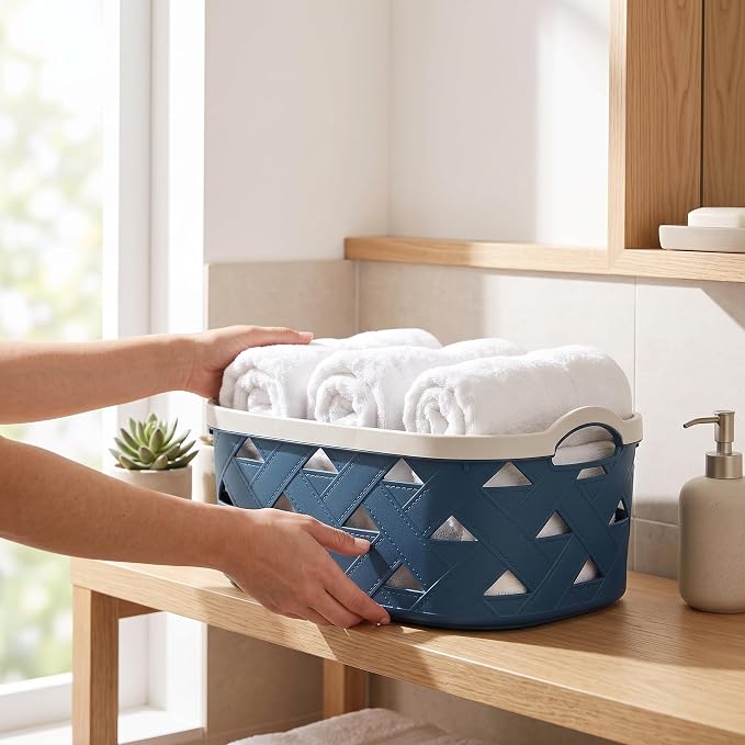 Large Plastic Storage Basket with Handles – Blue & Cream Decorative Bin for Bathroom, Kitchen, or Living Room – Designer Leather Pattern Organizer Basket, 10.6L