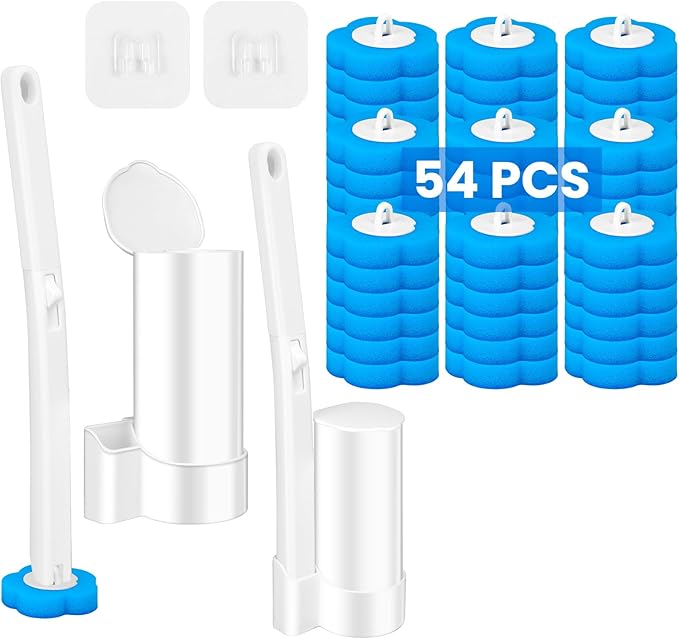 Disposable Toilet Brush Cleaning System with 54pcs Refills Pads, Toilet Wand Kit, Toilet Bowl Cleaner Brush for Bathroom Maintenance (2-Set)