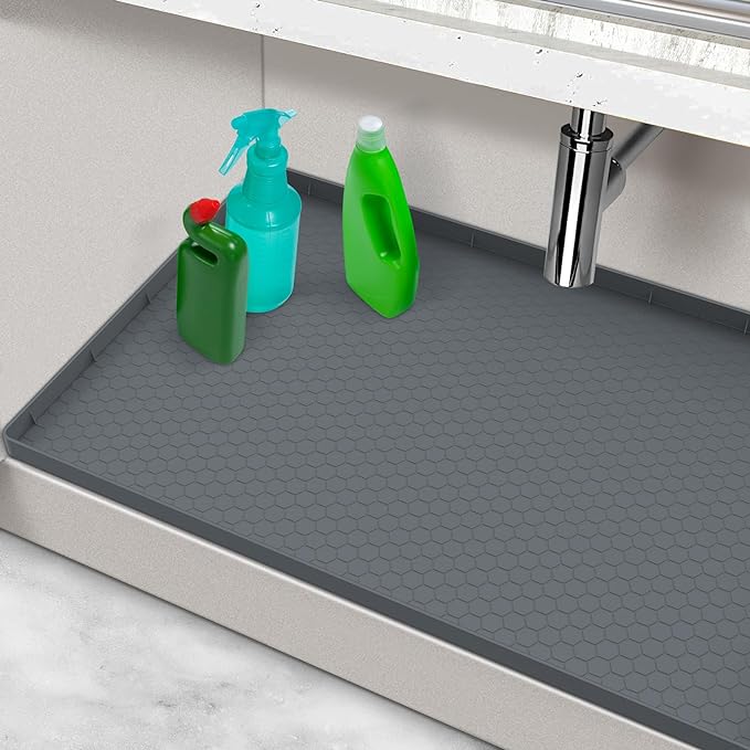 Waterproof Under Sink Mat, 28" x 19" Silicone Under Sink Mats for Kitchen, Under Kitchen Sink Mats and Protector Mat, Sink Cabinet Protector Mats for Bathroom, Gray (Pack of 3)