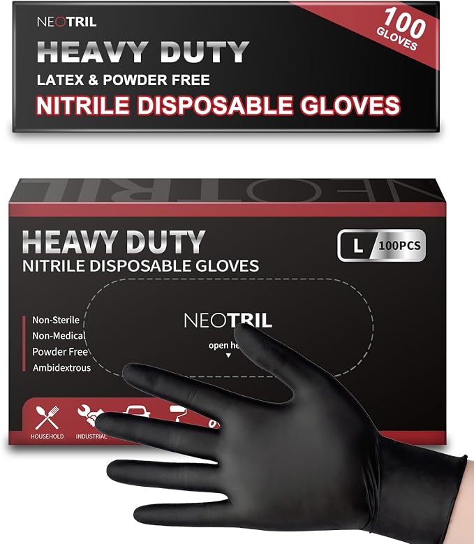 NEOTRIL 6 Mil Heavy Duty Black Nitrile Disposable Gloves, Latex Powder-Free, Textured Rubber Gloves for Cooking Mechanic