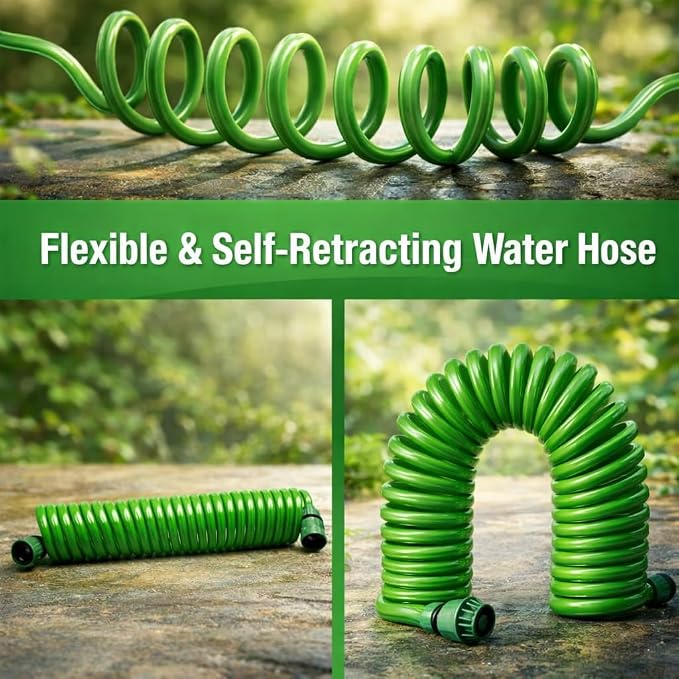 Coil Garden Hose 8 ft, Curly Water Hose with Plastic Connectors, Recoil Garden Water Hose, Retractable, Corrosion Resistant Garden Coil Hose.