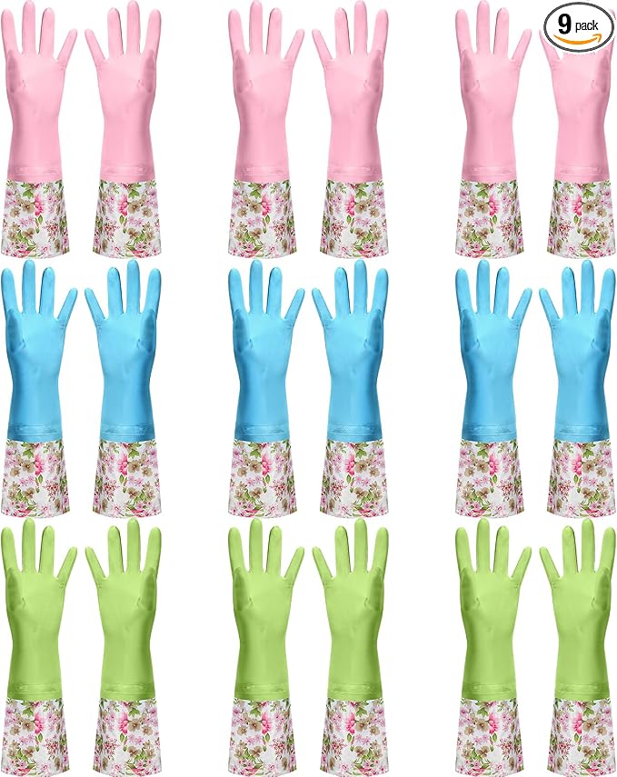 Mimorou 9 Pairs Household Dishwashing Rubber Gloves Long Cuff and Flock Lining Cleaning Gloves Reusable Waterproof