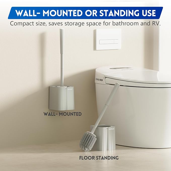 Y-in Hand Toilet Brush and Holder Set, Silicone Toilet Bowl Cleaner Brush Bristles, Bathroom and RV Cleaning Tools, Space Saving Toilet Scrubber, Wall Mountable. (Grey)