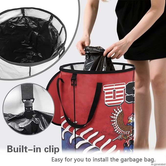 USA American Eagle Collapsible Trash Can 24 Gallon Foldable Garbage Bin with Lid, Waterproof Trash Bag Holder for Outdoor Camping, Patriotic Party Decor, Red White Blue Design