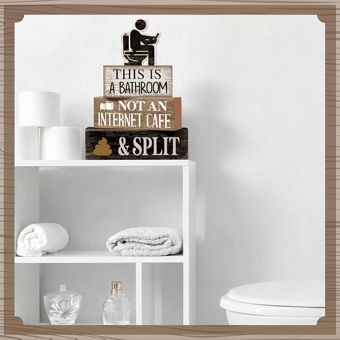 Moucuny 4 Pcs Funny Bathroom Sign, This Is A Bathroom Not An Internet Cafe | Humorous Bathroom Shelf Decor, Farmhouse Rustic Wood, Tiered Tray Accessories, Toilet Humor Conversation Piece
