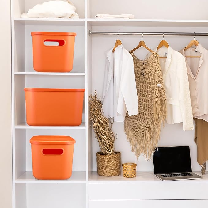 Hoolerry 8 Pack Storage Bins, 10.2 X 7 X 6.3 Inch Orange | Plastic Stackable Containers with Lid Handle, For Shelves Desktop Playroom Office, Organizing Toys Books Supplies Storage