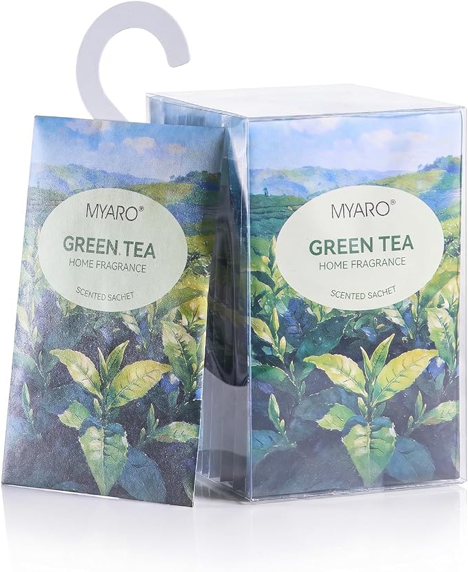 MYARO 12Pcs Green Tea Sachets Hanging Car Air Freshener, Closet Deodorizer | Long-Lasting Sachet Bags, Odor Eliminator for Closet, Drawer, Bathroom, Clothes, Fabric Refresher, Home Fragrance Gift Set