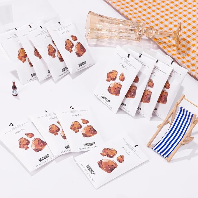 MYARO 12 Pack Amber Scented Sachets, Closet Deodorizer Car Air Freshener | Long-Lasting Sachet Bag, Odor Eliminator for Closet, Drawer, Bathroom, Clothes, Fabric Refresher, Home Fragrance Gift Set