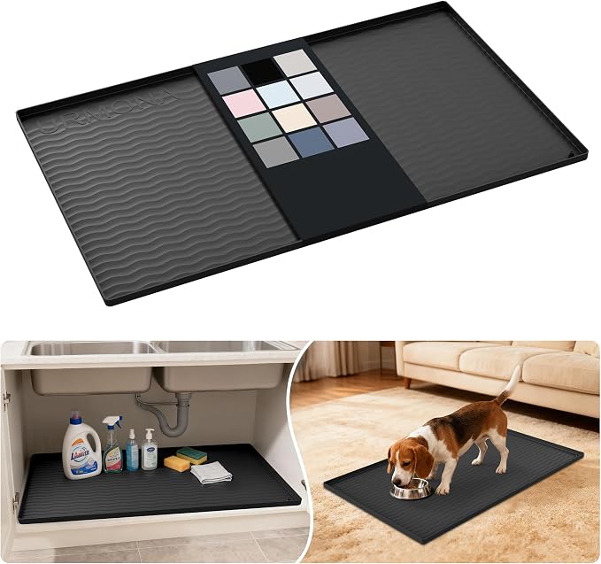 URMONA Waterproof Silicone Under Sink Mat 37'' x 22'' Shelf Liner for Kitchen and Bathroom, Cabinet and Counter Protector, Storage and Organizers, Litter Mat, Pet Cat Puppy Essentials(Black)