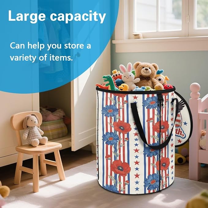 American Eagle Collapsible Trash Can for Outdoor – Heavy Duty Foldable Garbage Bin with Lid, 24 Gallon Waterproof Trash Bag Holder for Camping, RV Travel, Tailgating, Patriotic Decor
