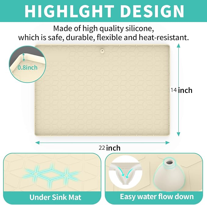 Under Sink Mat, 14"x22" Under Sink Mats for Kitchen, Silicone Waterproof Under Sink Liner, Sink Cabinet Organizer Tray with Drain Hole
