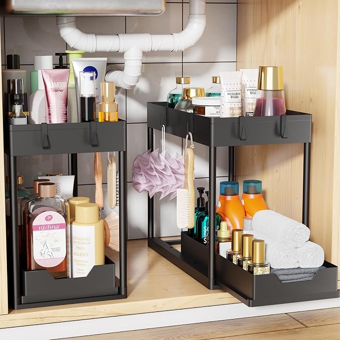 Simple Trending Under Sink Organizer 2 Pack, Sink Pull-Out Sliding Storage Cabinet, 2-Tier Under Shelf Organizer for Kitchen Bathroom, Black