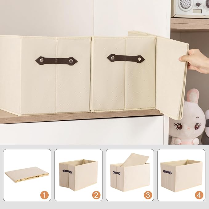 3 Pack Large Collapsible Storage Baskets for Shelves,14.9"x9.5" Fabric Closet storage Boxes with Leather Handles,Decorative Organizers Storage Bins for Clothes,Sheets,Toys,Books,Creamy-White