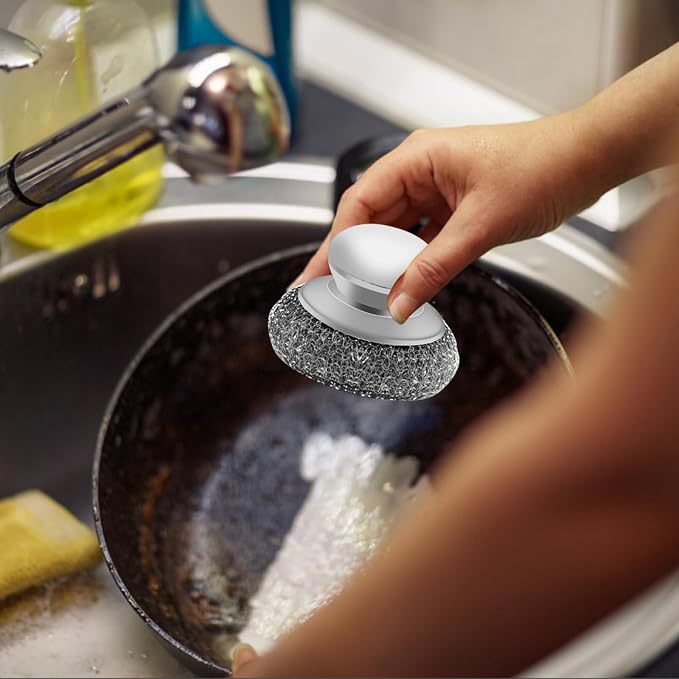 Stainless Steel Wool Scrubber with 2 Replacement Pads - Clean Metal Pans, Pots, Grills & More