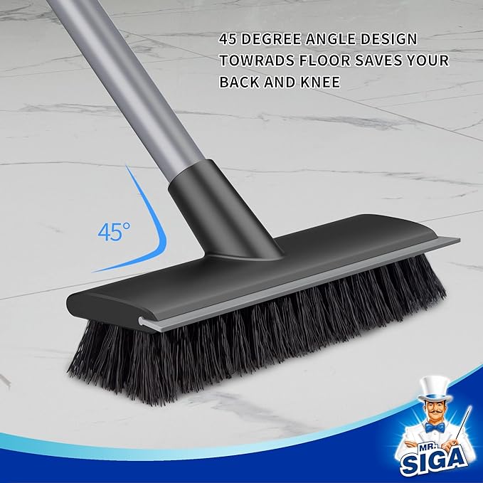 MR.SIGA Floor Scrub Brush with Long Handle for Cleaning Cleaning Bathroom | Shower floor scrubber, 2 in 1 scrubber and squeegee for cleaning patio, garage, wall, tile with stiff Bristles