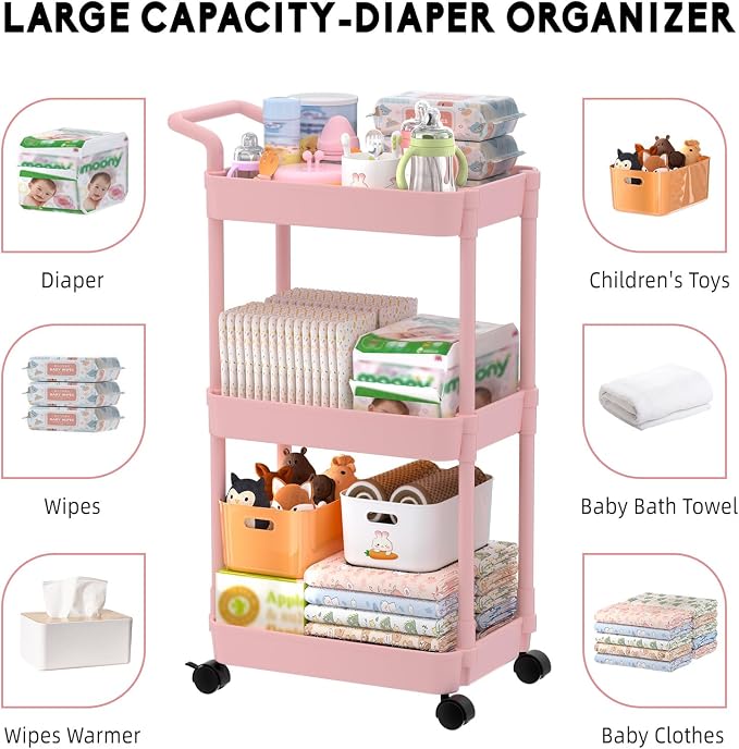 Volnamal Diaper Caddy, 3 Tier Rolling Cart for Baby Essentials, Pink | Movable & Easy Assemble Cart for Newborn Nursery Essentials, Diaper Storage Organizer for Changing Table&Crib, Baby Registry