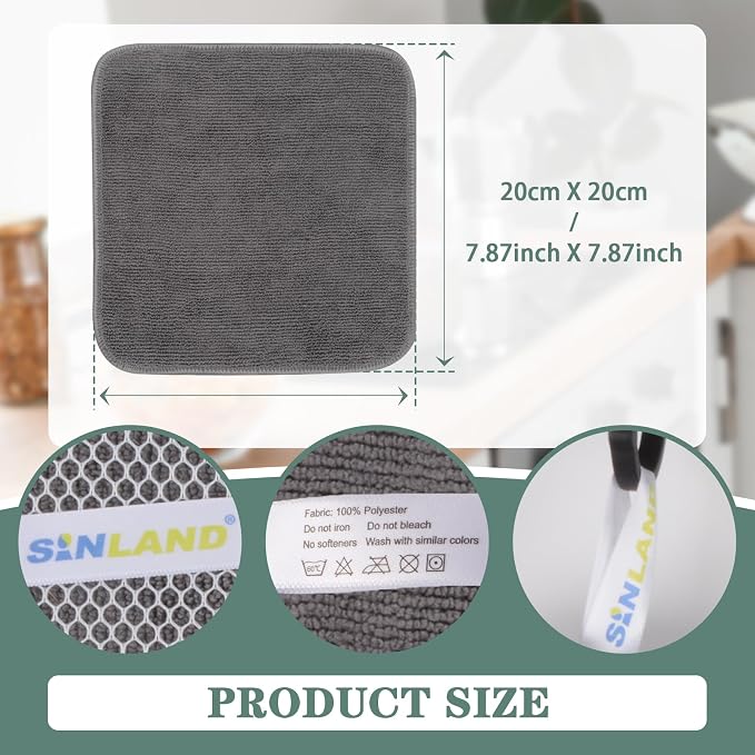Dish Cloth for Washing Dishes Kitchen Washcloth Cleaning Cloth | 7.87x7.87inch 10pack Kitchen Towels Rags, Microfiber Cleaning Cloths, Wash Cloths with Poly Scour Side, Wholesale, Grey