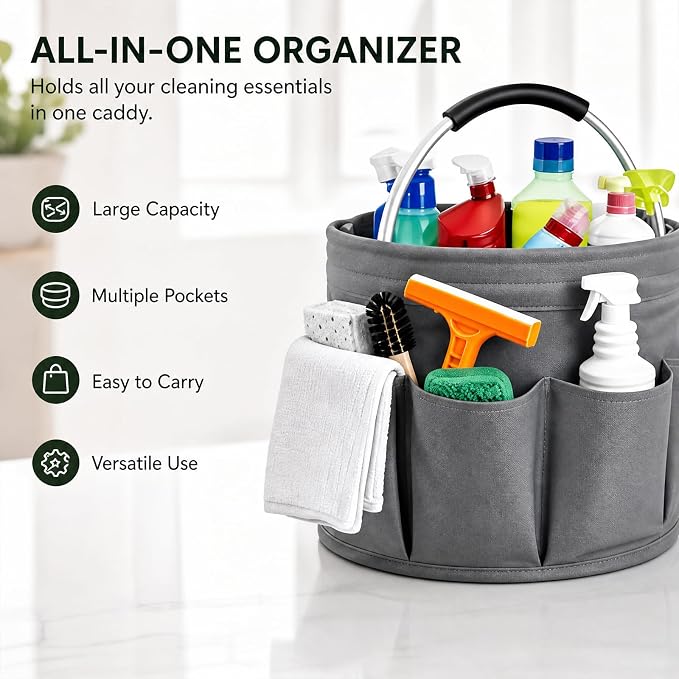 Cleaning Caddy, 17L Foldable Basket with Handle, 6 Pockets - Supply Organizer (Green)
