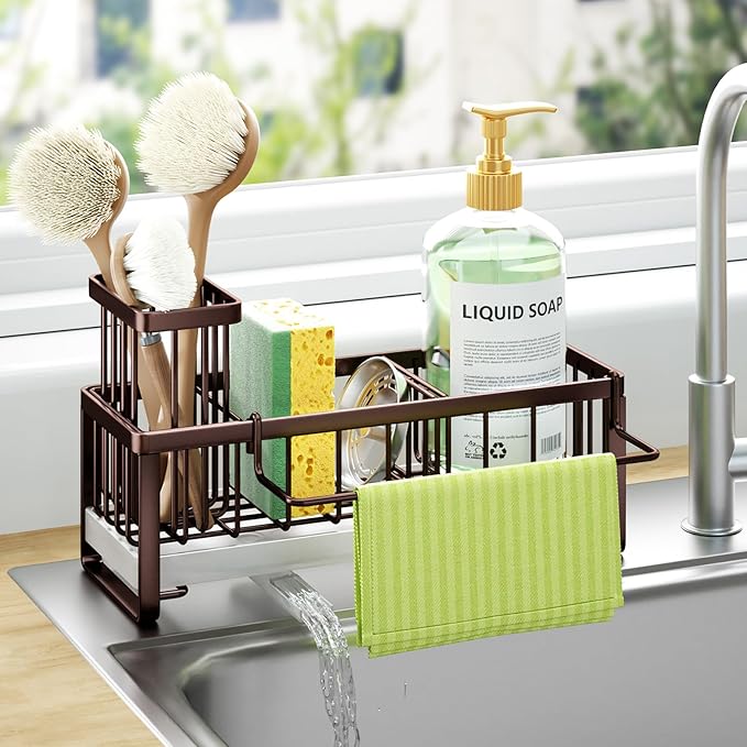 HapiRm Sponge Holder for Kitchen Sink - Self-draining Sink Caddy with Brush and Dishcloth Holders, Stainless Steel Kitchen Organizer for Countertop - Bronze