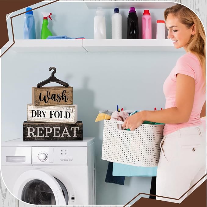 Moucuny 4 Pcs Farmhouse Laundry Room Decor Stacked Blocks Rustic Home Decor | Wash Dry Fold Repeat Blocks Sign, Funny Laundry Accessories, Housewarming Gift, Tabletop Display for Home Decor