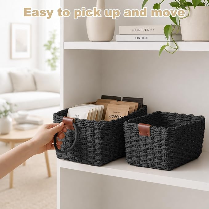 Paper Rope Storage Baskets Set of 3, Handwoven Decorative Wicker Organizer Bins with Handles for Shelves, Bathroom, Closet & Pantry, Soft Woven Nesting Storage Basket Set (Black)