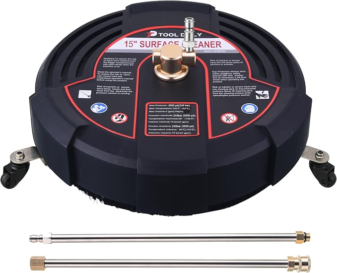 Tool Daily 15 Inch Pressure Washer Surface Cleaner with 3 Wheels | 2 Extension Wands, Surface Cleaner for Pressure Washer Attachment for Concrete, Driveway, Sidewalk, Patio, 3600 PSI
