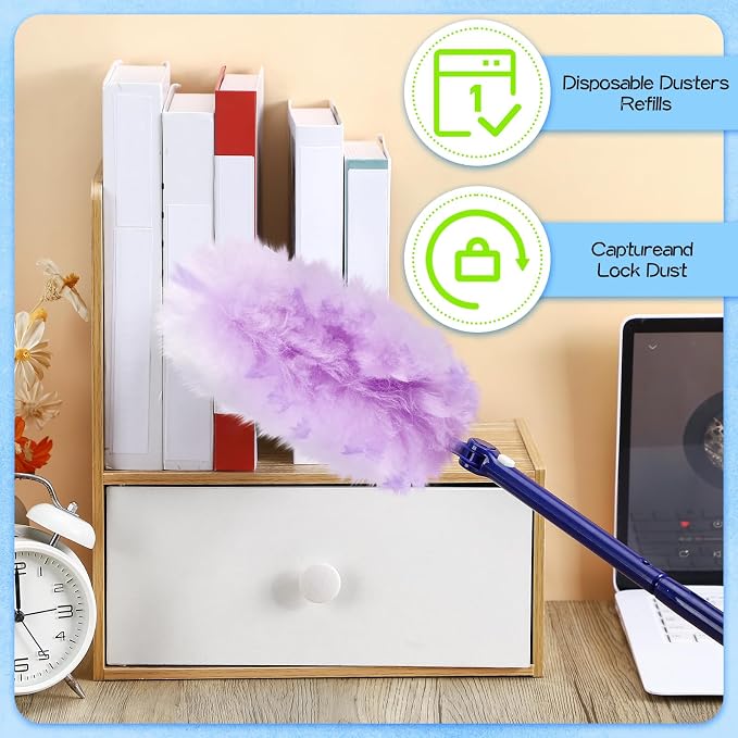 Vesici 100 Pcs Duster Refills Compatible with Swiffer Dusters Bulk Disposable Replacement Thickened with 1 Handle Heavy Duty for Cleaning, Office (Purple and Pink)