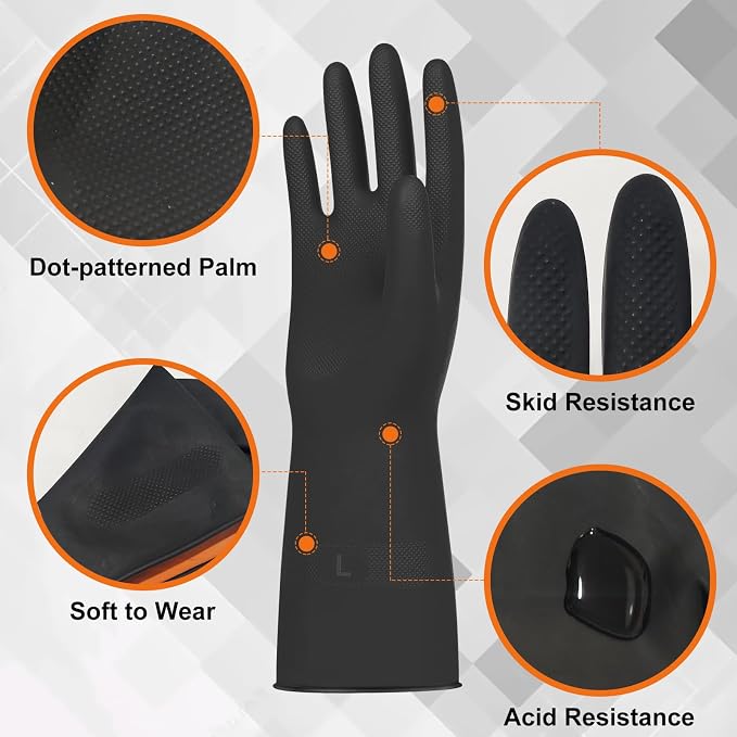 Beieverluck 10 Pairs Chemical Resistant Gloves, Reusable Heavy Duty Rubber Work Gloves with Textured Palm, Black Cleaning Dishwashing Gloves, Large