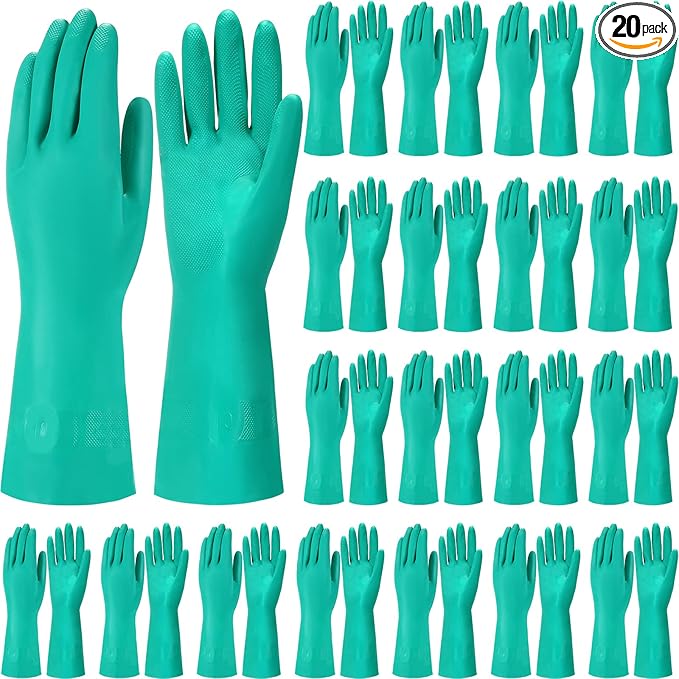 Potchen 20 Pairs Chemical Resistant Gloves 15 Mil Nitrile Gloves,X-Large | Reusable Green Rubber Gloves for Cleaning, Resist Household Acid, Alkali And Oil,long Cuff Arm Protection, Dishwashing