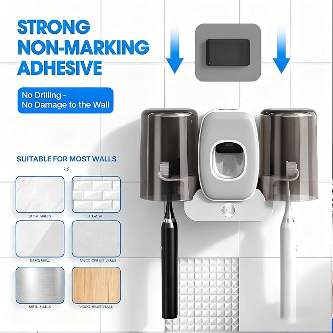 Rechargeable Toothbrush Holder,Wall Mounted Automatic Toothbrush Cleaning Tool with Toothpaste Dispenser & 2 Cups, No Drilling Bathroom Organizer for Family (White)