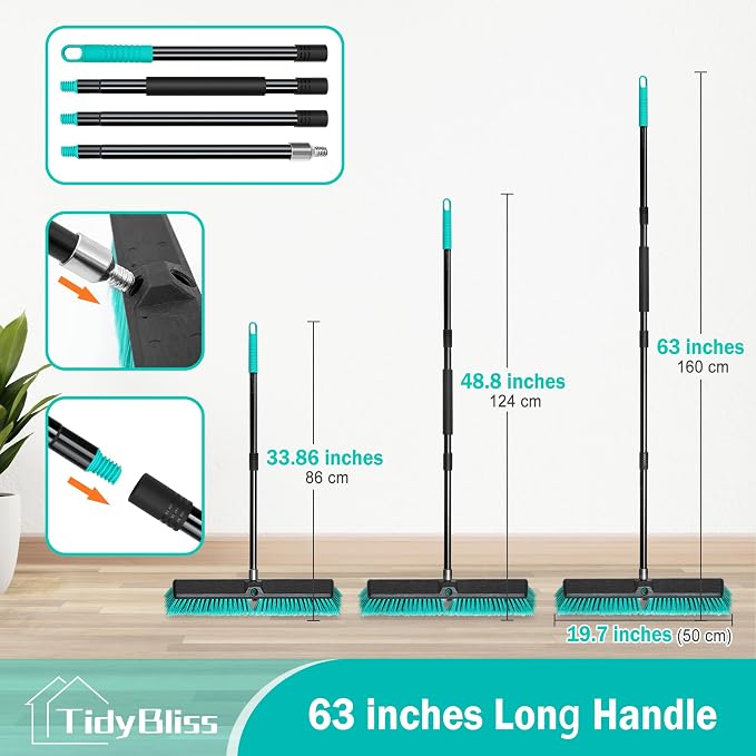 TidyBliss 18” Push Broom Outdoor Heavy Duty, Large Commercial Stiff Bristle Brush with 63 inches Long Handle for Garage Shop Garden Yard Patio Deck Street Warehouse Lawn Driveway (Green)