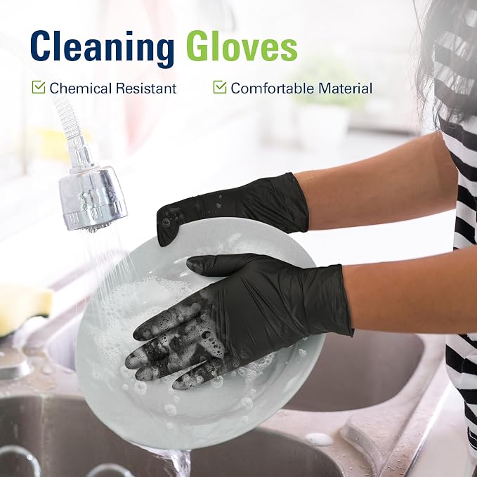 Black Nitrile Gloves Disposable Latex Free, Food Safe | Rubber Gloves Powder Free for Cooking, Food Prep, Kitchen Cleaning