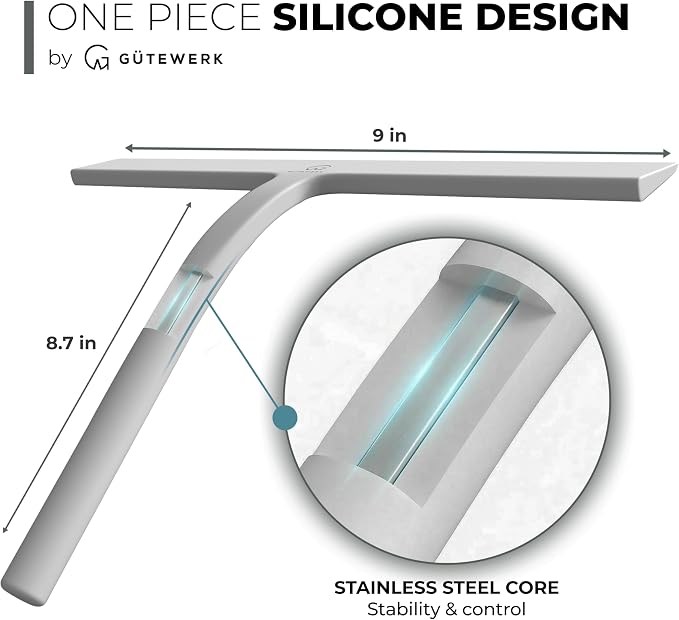 Silicone Shower Squeegee with 3-in-1 No-Drill Mount, White, 9'' | Squeegee for Glass Doors & Mirrors with Stainless Steel Core, Streak-Free & No-Squeak Window Cleaning, Hook/Suction/Adhesive