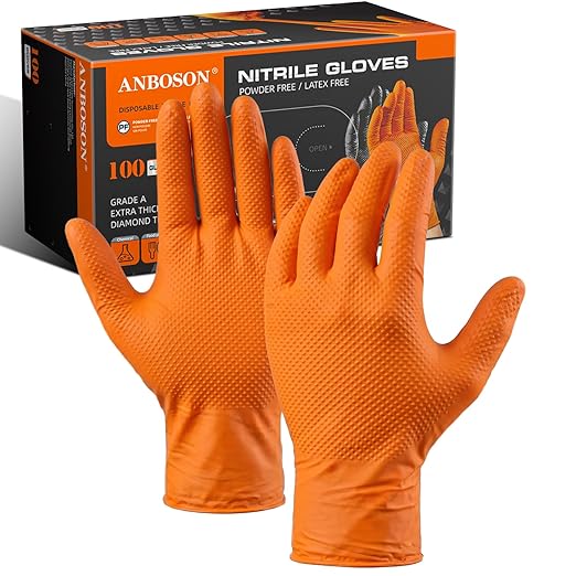 10 Mil Heavy Duty Mechanic Nitrile Gloves, XLarge Orange 100 Count | Diamond Grip,Latex Free,Chemical Resistant Disposable Thick Rubber Gloves for Auto Repair, Industrial, Food, Work ,BBQ,Men