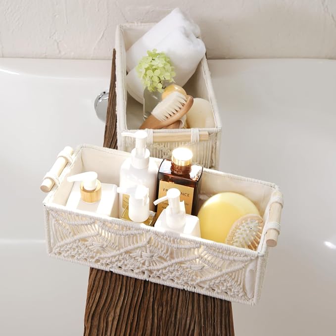 Nonam 2pc Macrame Storage Baskets, Boho Woven Boxes for Home, Weave White | Handcrafted macrame storage boxes. Stylish boho decor for shelves, toilet tank & cabinets. Durable, versatile & chic.