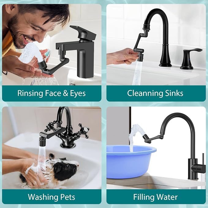CECEFIN 1440 Swivel Faucet Extender for Kitchen/Bathroom Sink, NSF/ANSI 372 | Black Tap Aerator Extension, 1080° Large-Angle Splash, 2-Water Outlet Spray, Rotating Robotic Arm, Wash Hand/Face