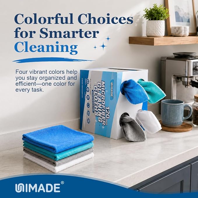 Microfiber Cleaning Cloth, 120 Pack Microfiber Towels for Cars | Reusable Paper Towels Lint Free Shop Rags with for Home Kitchen Automotive, 11"x 9", White & Grey & Light Blue & Blue