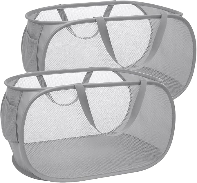 Collapsible Laundry Hamper Basket,Pop Up Mesh Foldable Bag for Laundry Room | folding horizontal laundry durable baskets with handles & side pocket travel for bathroom,Kids room,college dorm(Double Grey)