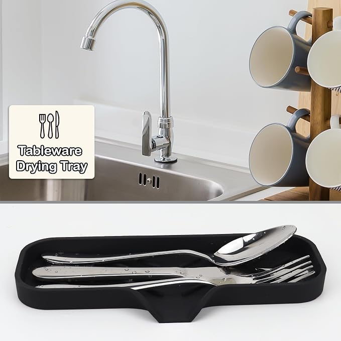 Silicone Bathroom Soap Dishes, Sponge Holder for Kitchen Sink, Shower Soap Holder with Drain, Soap Dispenser Tray, Soap Dish for Bottle, Cup, Sink or Counter Organizer - Black 9" x 3.15"