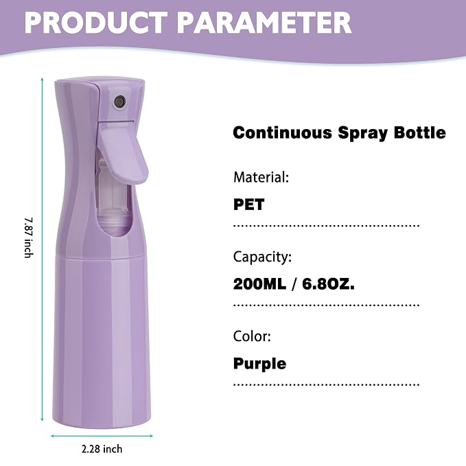 Spray Bottle for Hair (6.8OZ /200ML) Continuous Ultra Fine Mist Sprayer for Hair, Salons, Barber, Plants, Skin Care, Cleaning 2 Pack PURPLE