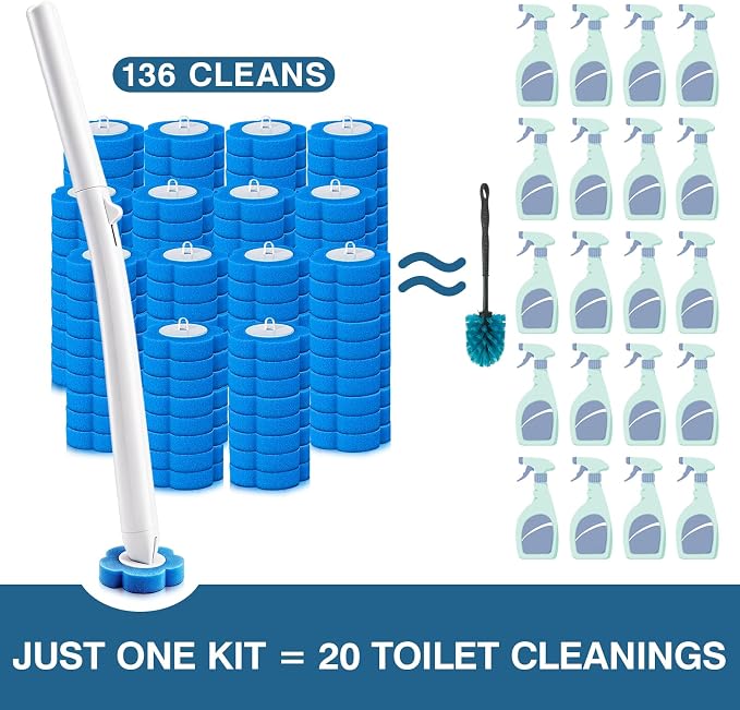 Disposable Toilet Brush with 136 Refills, Toilet Bowl Wand and Holder, White Toilet Cleaning Brush, Toilet Bowl Wand Kit Wall-Mounted, Toilet Brush Refill for Efficient and Deep Scrub Toilet