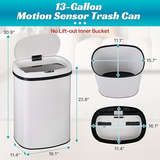 BLKMTY 13 Gal Trash Can with Lid, Motion Sensor Garbage Can, White | Stainless Steel Garbage Cans, 50 L Automatic Touchless Kitchen Trash Cans, High Capacity, for Home Office Bathroom