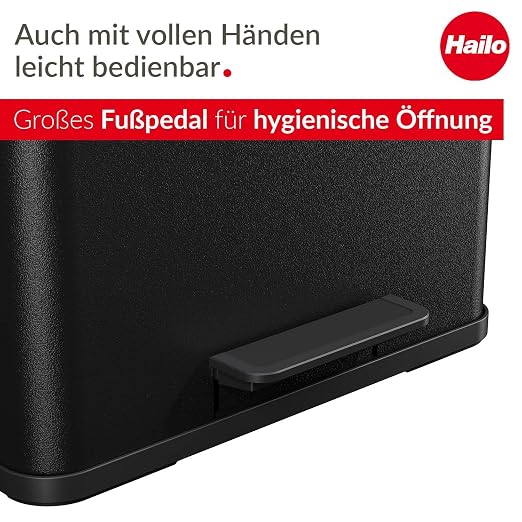 Hailo OKO Trio Plus 0633-260 Pedal Waste Separator Kitchen Trash Can with 3 x 9L Removable Inner Buckets with Soft-Close Lid, Wide Foot Pedal, Multi-Compartment Recycling Bin, Black