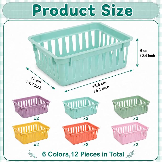 gisgfim 12 Pack Classroom Small Plastic Baskets for Organizing Mini Pencil Crayon Storage Bins Classroom Container Boxes for School Teacher Supplies Home Office Desk 6.1" L X 4.7" W X 2.4" H (Pastel)