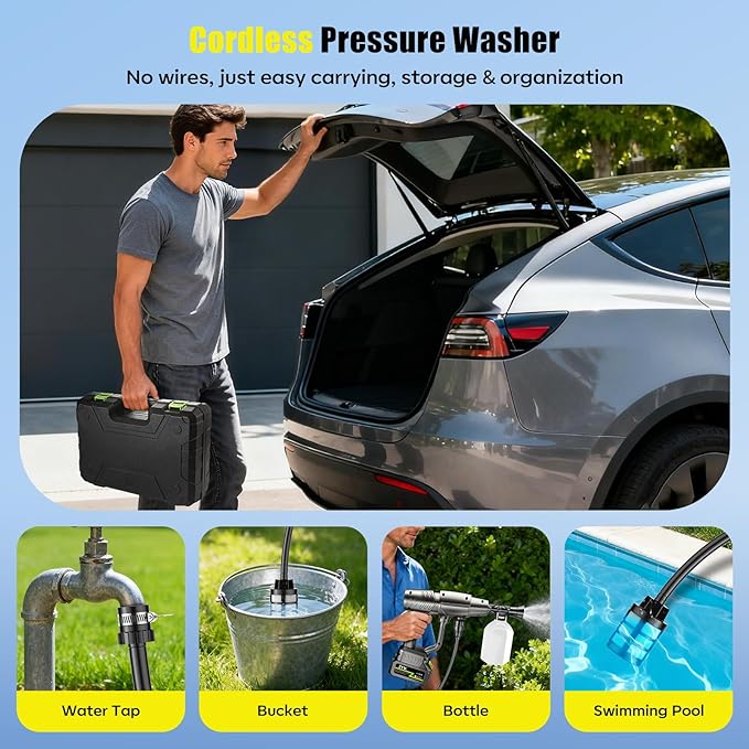 YKYI Cordless Pressure Washer 1200PSI, Portable Power Washer with 30 speeds | High Pressure, 4000mAh Batteries, 21V Brushless Motor, 24FT Hose & 6-in-1 Nozzle for Car, Driveway, Garden, Patio & Fence