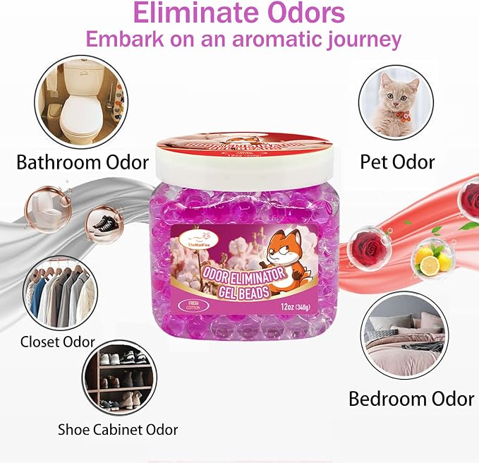 6 Pack Odor Eliminator Gel Beads, 12 oz, Scented Gel Air Freshener, Pet Odor Eliminator for Bathroom, Closet, Pet Area & RVs, Lasts 90 Days for Improved Home Fragrance, Fresh Cotton