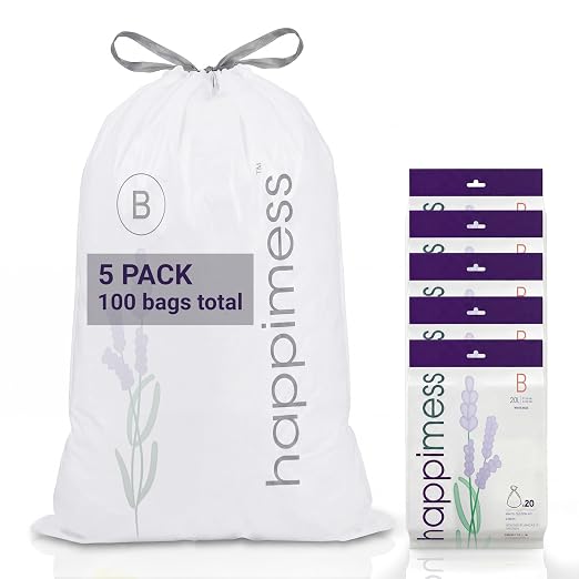 happimess 20-Count Lavender Scented 5.3 Gal Trash Bags, White, Pack of 5 | Kitchen Can Liners, Drawstring, Heavy Duty MDPE Plastic, Tear-Resistant, Recyclable, Custom Fit, Odor Control